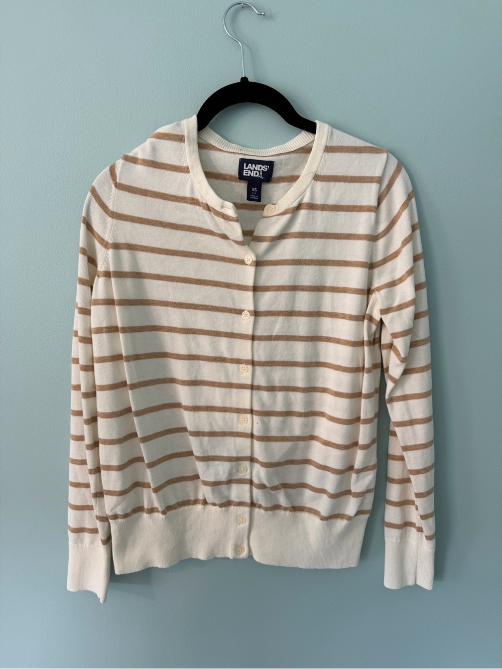 Lands' End Cream and Tan Striped Button-Up Cardigan